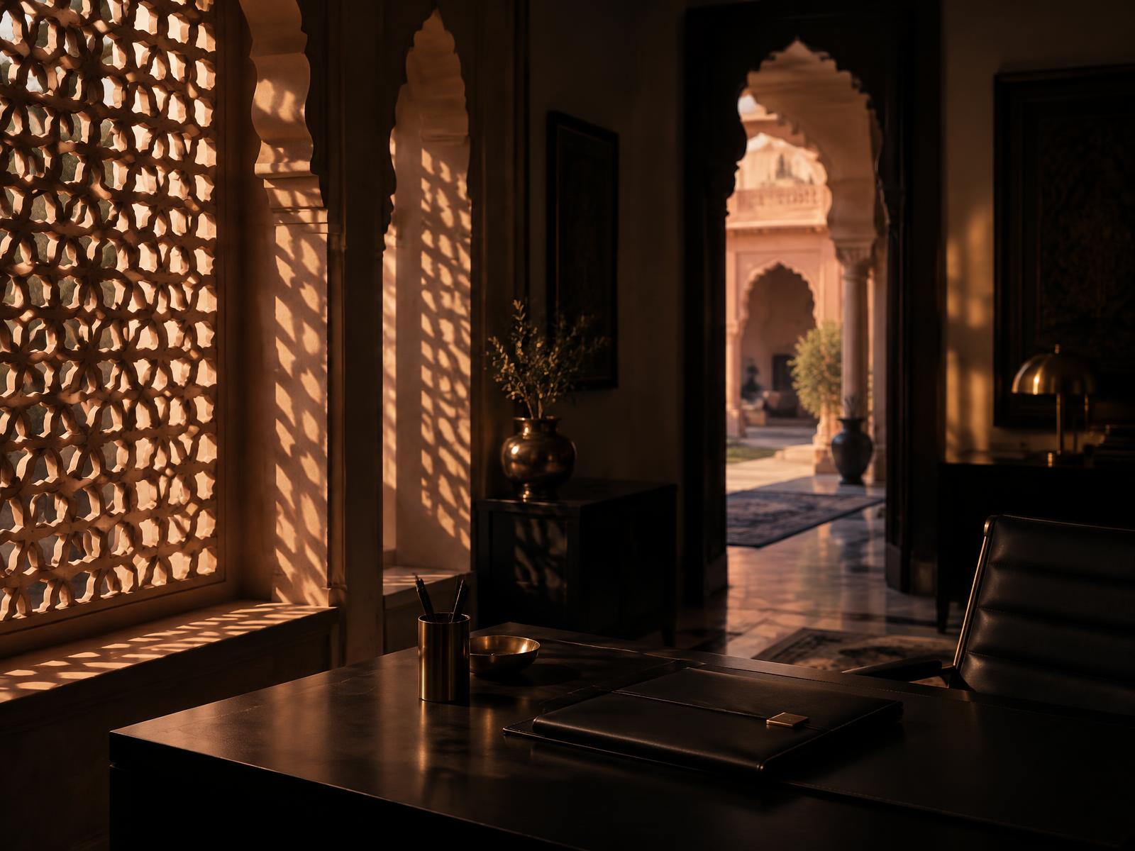 Jaipur sandstone architecture framing a discreet investigation office