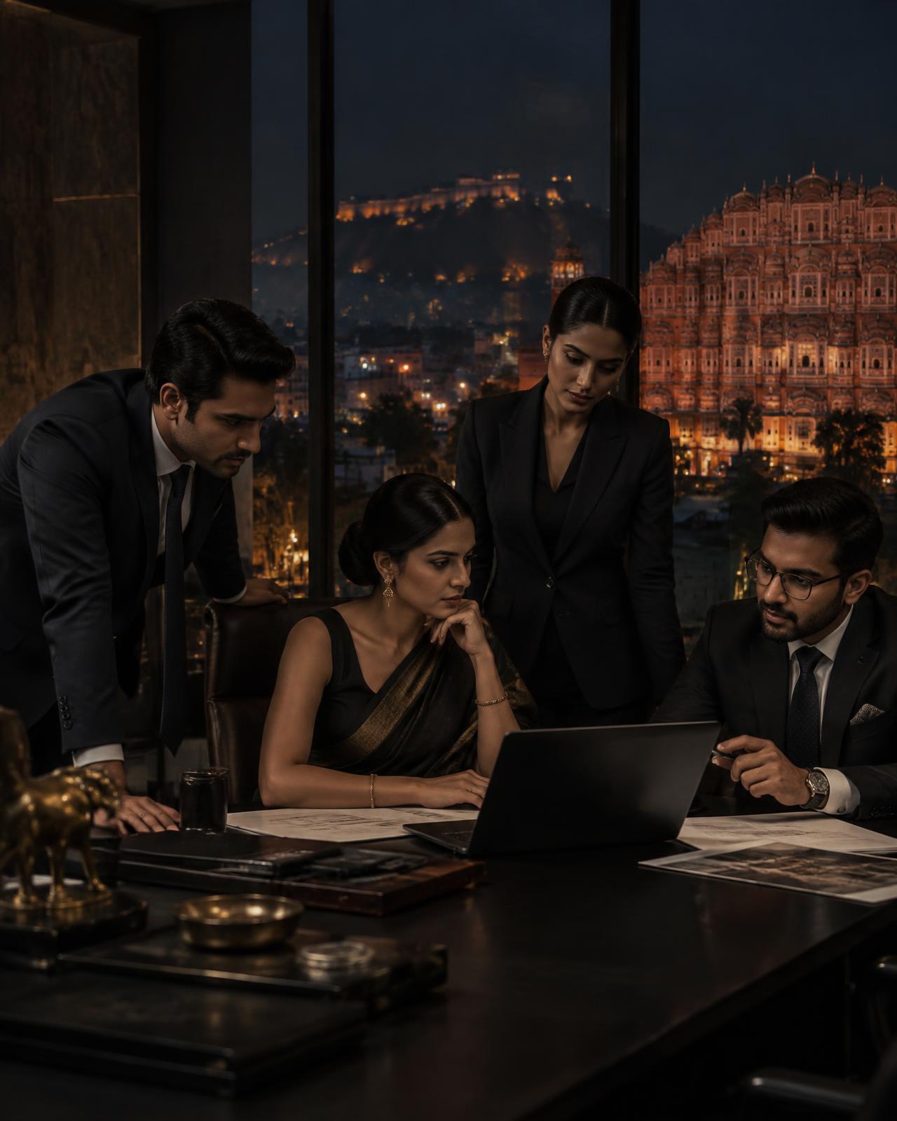 Indian professionals reviewing documents in a dark Jaipur office at night