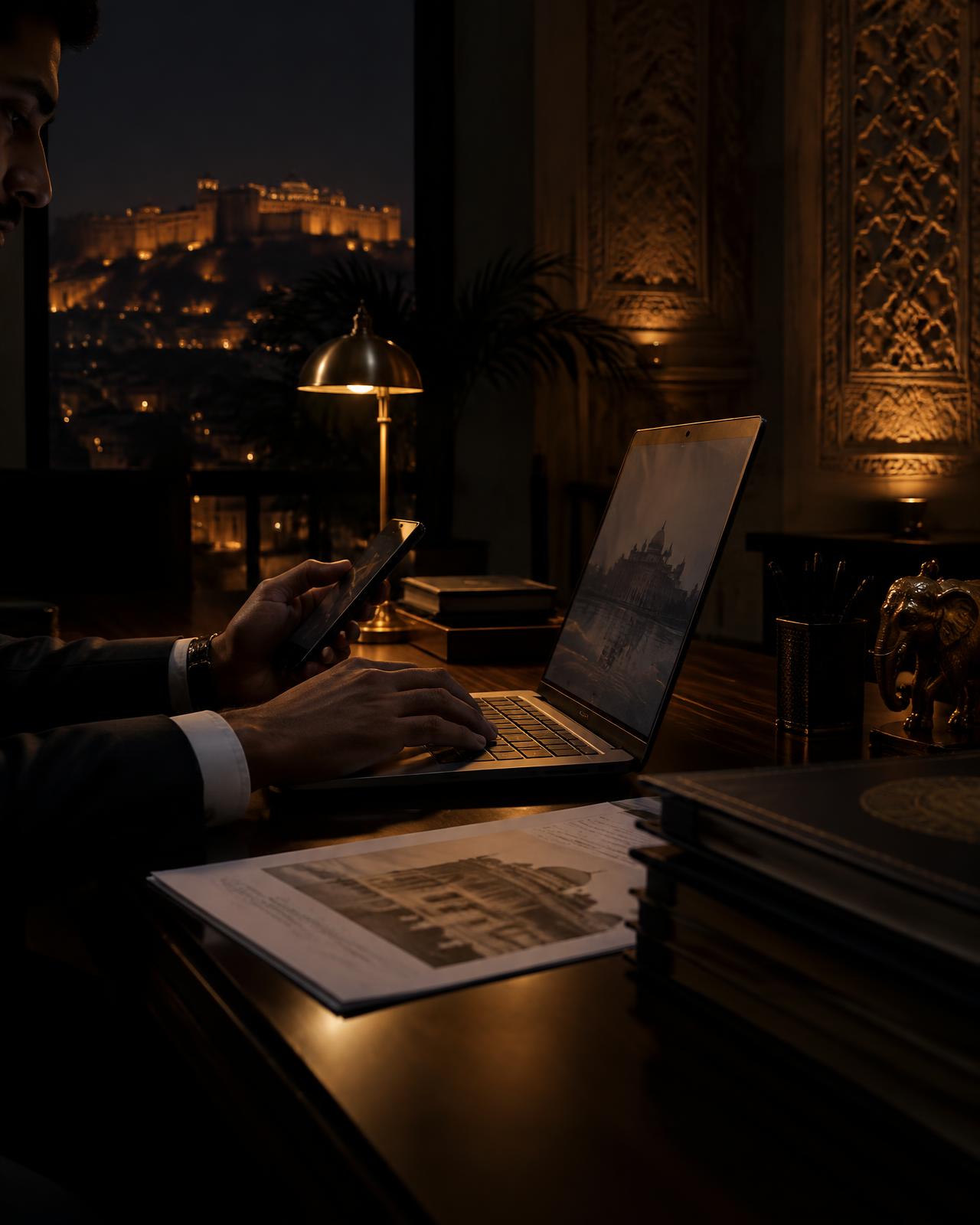 Hands working at a laptop in a darkened Jaipur office at night