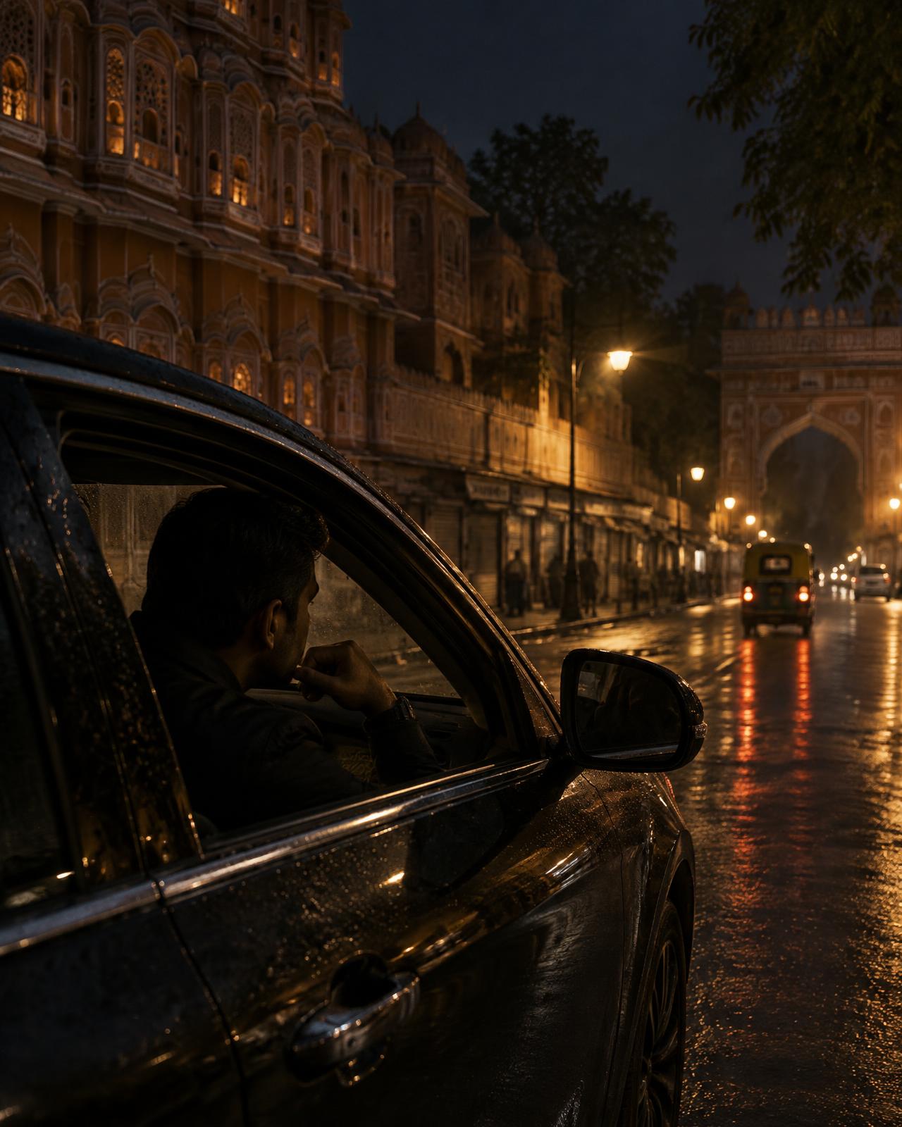 Investigator observing a rain-lit Jaipur street at night from a parked car